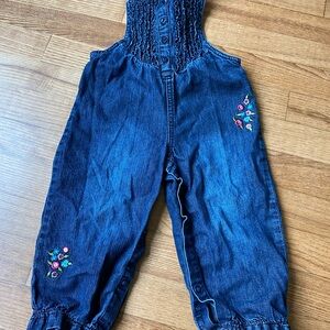 Koala Kids Blue Denim Overalls with Floral Embroidery toddler girls vintage